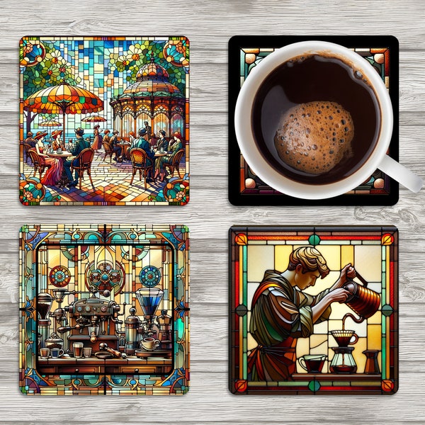 Coffee Ceramic Square Coaster - Stained Glass Style - Sublimation Printed, Unique Design #1