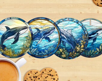 Dessous de verre en céramique baleine bleue, style vitrail - imprimé par sublimation, design unique