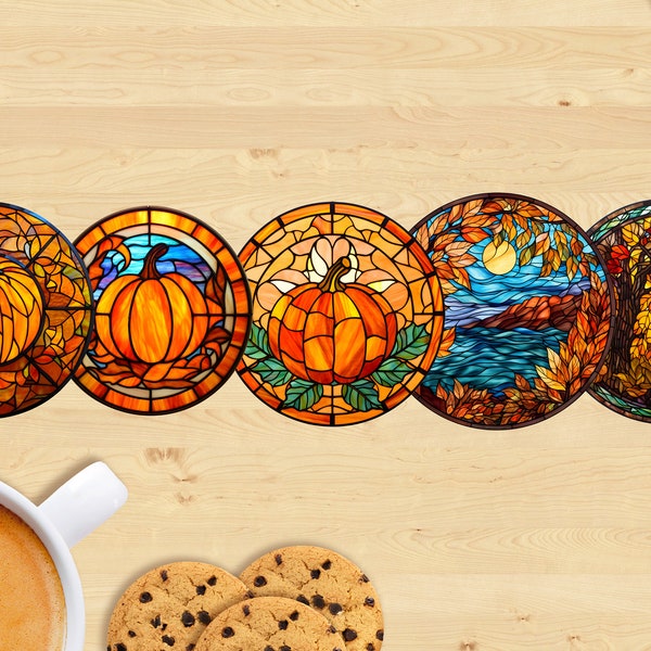 Fall Pumpkin Ceramic Coaster, Stained Glass Style - Sublimation Printed, Unique Design #1