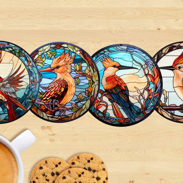 Hoopoe Ceramic Coaster, Stained Glass Style - Sublimation Printed, Unique Design