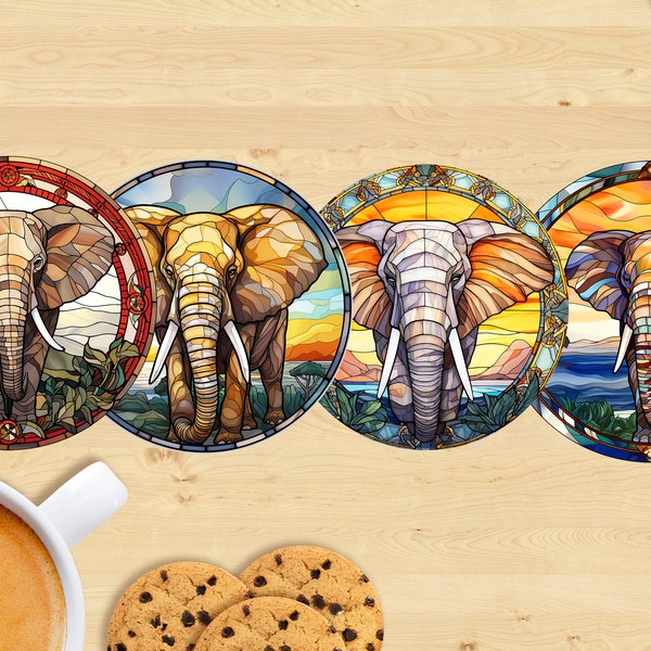 African Elephant Ceramic Coaster, Stained Glass Style - Sublimation Printed, Unique Design #2
