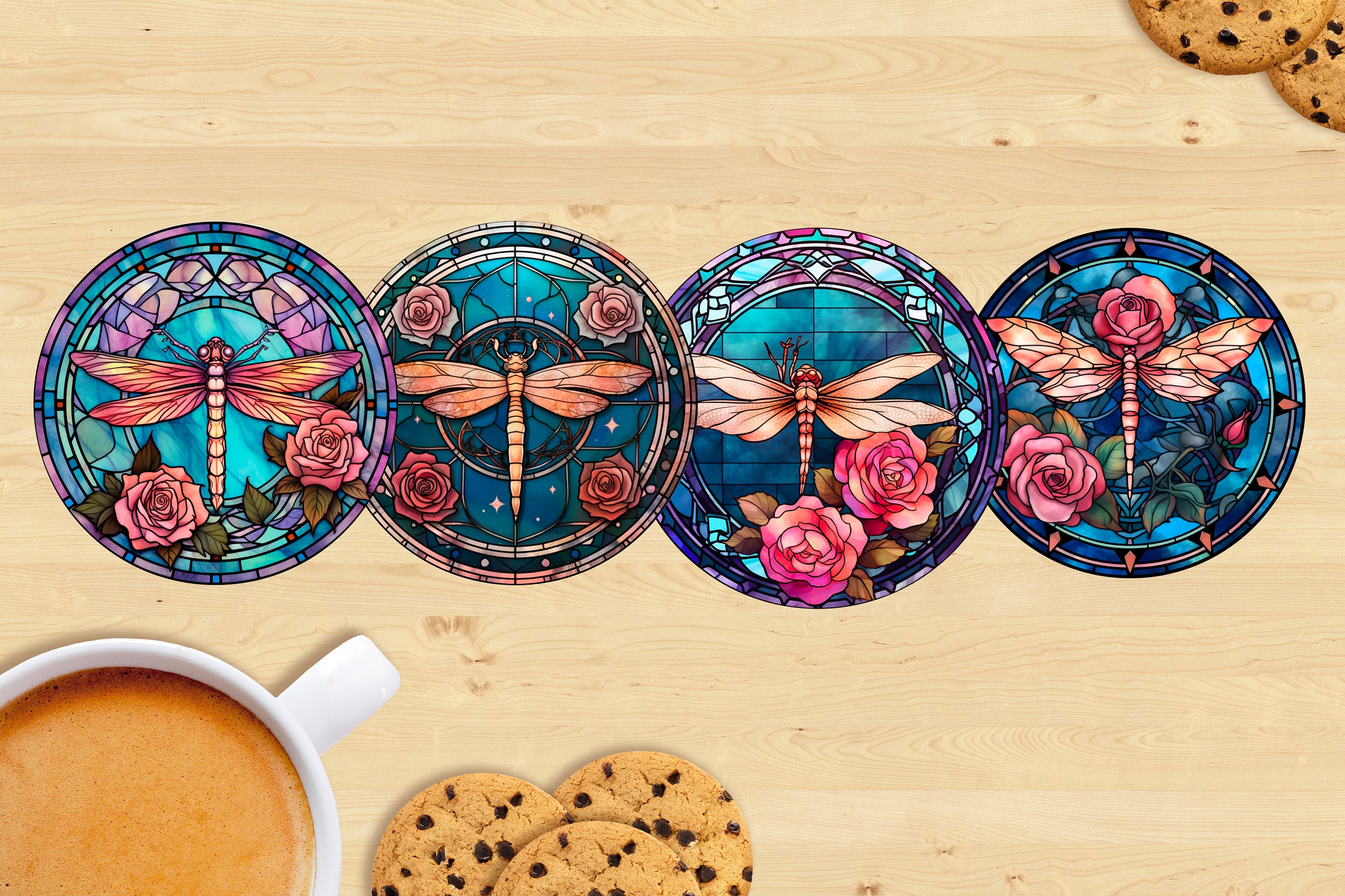 Dragonfly Ceramic Coaster, Stained Glass Style - Sublimation Printed,  Unique Design