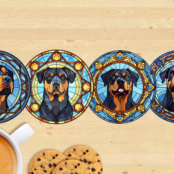 Dessous de verre Rottweiler en céramique, style vitrail - imprimé par sublimation, design unique, cadeau idéal pour les amoureux des chiens #2