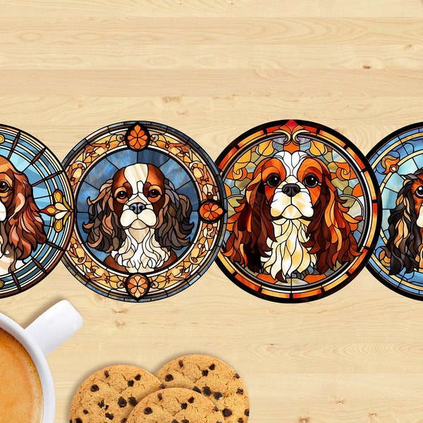 Ceramic Cavalier King Charles Spaniel Coaster, Stained Glass Style - Sublimation Printed, Unique Design, Ideal Gift for Dog Lovers