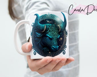 Tasse signe du zodiaque Taureau - créée à l'aide de la méthode de sublimation, cadeau unique pour les amateurs de Taureau et d'astrologie