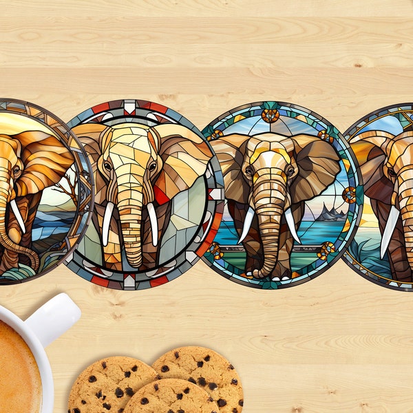 African Elephant Ceramic Coaster, Stained Glass Style - Sublimation Printed, Unique Design