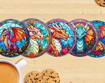 Colorful Dragon Ceramic Coaster, Stained Glass Style - Sublimation Printed, Unique Design #3