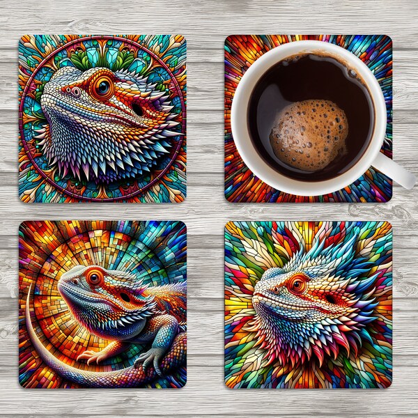 Bearded Dragon Ceramic Square Coaster - Stained Glass Style - Sublimation Printed, Unique Design #1