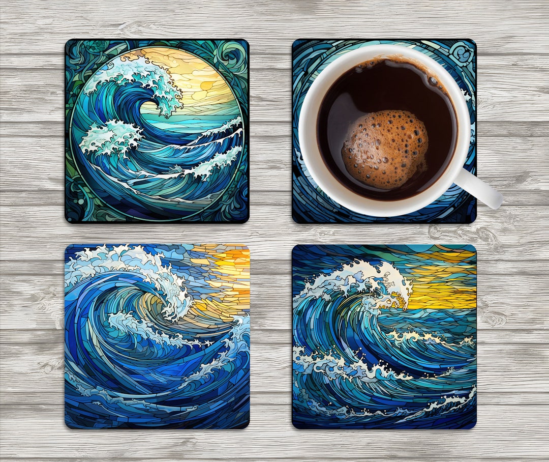 Wave Patterned Coaster Ocean Waves Ceramic Square Coaster Stained Glass Style - Etsy