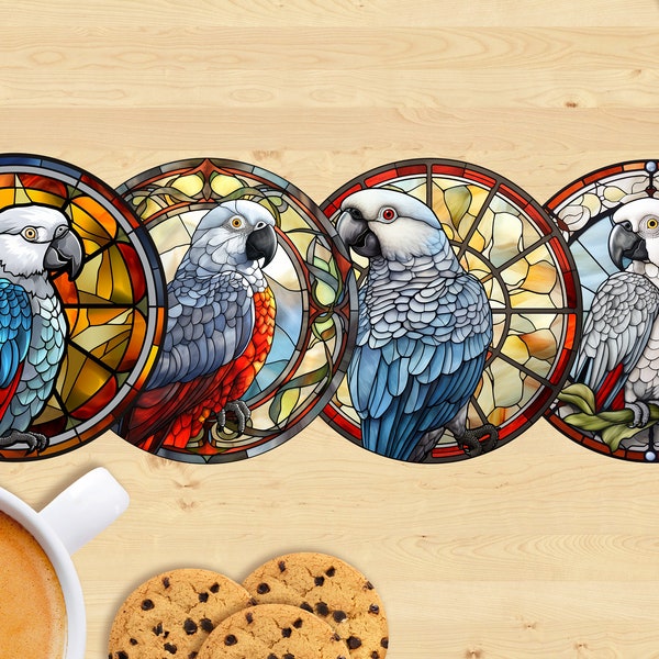 African Gray Parrot Ceramic Coaster, Stained Glass Style - Sublimation Printed, Unique Design