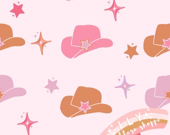 Archivo sin costuras de estrellas de sombreros de vaquera, archivo de diseño sin costuras de tela. Tela retro, tela de verano, archivo digital sin costuras, vaquera campestre