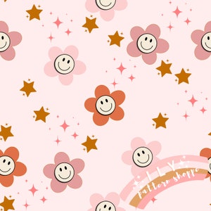 Smiley Gänseblümchen Retro nahtlose Datei, Stoff nahtlose Design-Datei. Retro Smiley Stoff, Smiley Stoff, nahtlose digitale Datei, 70er Jahre