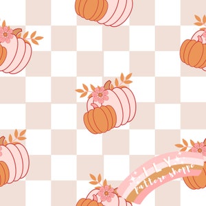 Plik bezszwowy Checkered Pumpkin, plik bezszwowych wzorów tkanin, plik cyfrowy Seamless, tkanina świąteczna, dynia retro, plik Autumn Leaves