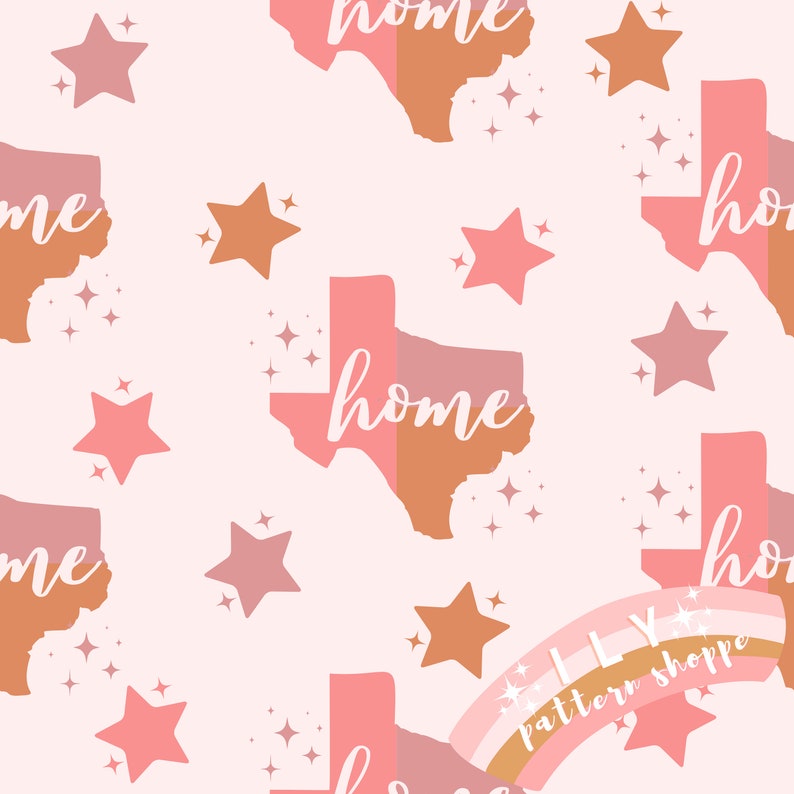 Puede incluir: Un patr&oacute;n sin costuras que presenta contornos rosas y naranjas del estado de Texas con la palabra "home" escrita en su interior. El patr&oacute;n se repite sobre un fondo blanco con estrellas rosas y naranjas.