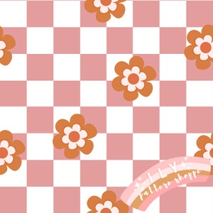 Gänseblümchen kariert rosa Retro nahtlose Datei, Stoff nahtlose Design-Datei. Retro Smiley Stoff, Smiley Stoff, nahtlose digitale Datei, 70er Jahre