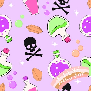 Halloween Witch Potion Brew Fabric Seamless Fabric File, Digital Fabric Seamless Design File, Retro Witch Design, Potion Fabric, Halloween