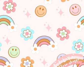Fichier sans couture de tissu de visage de smiley de printemps, fichier de conception sans couture de tissu. Tissu de fleurs de printemps, fichier numérique sans couture, tissu de printemps, arc-en-ciel