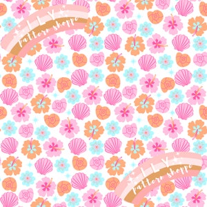 May include: A seamless pattern featuring pink, orange, and blue hibiscus flowers, seashells, and gold stars on a white background. The text "ILLY pattern shoppe" is written in a rainbow arc at the bottom of the pattern.