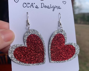 Valentine’s Day heart glitter earrings, red glitter earrings