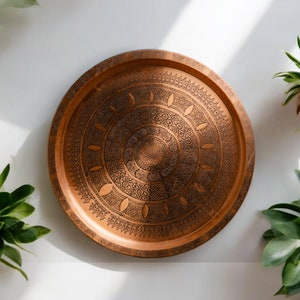 Copper Serving Tray, Round Copper Tray, Turkish Serving Tray, Copper Serving Dish, Vintage Style Tray, Patterned Serving Tray, Coffee Tray