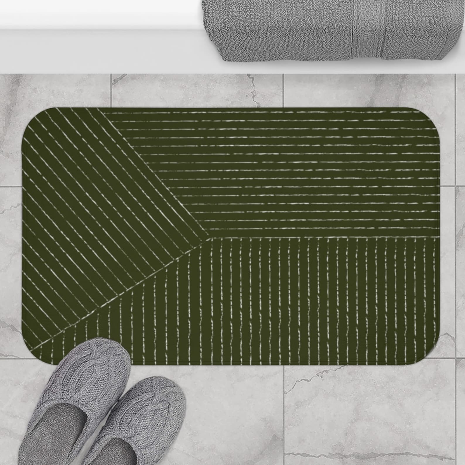 Olive Green Lines Bath Mat Boho Bath Mat Mid Century Modern Etsy