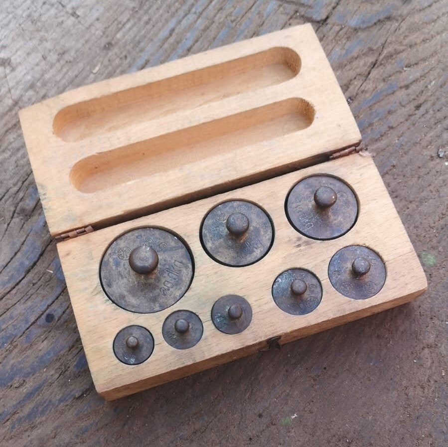 Antique brass kitchen weights in original wooden storage box Etsy