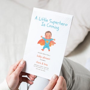 Invitación de superhéroe para baby shower: estilo cómic, género neutro (plantilla de Canva)