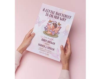 Zaproszenie na baby shower z motywem motyla: motyw dziewczynki (szablon Canva do personalizacji)