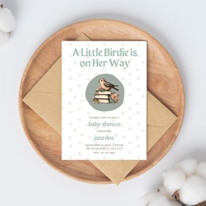 A Little Birdie is on Her Way - Cute Bird Baby Girl Baby Shower Invitation Vintage & Boho Theme with Bird Sitting on Books with Flowers