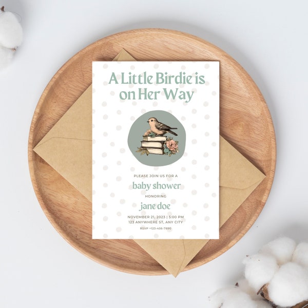 A Little Birdie is on Her Way - Cute Bird Baby Girl Baby Shower Invitation Vintage & Boho Theme with Bird Sitting on Books with Flowers