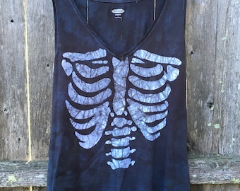 Women’s Batik Skeleton Tank Top Tie Dye V Neck Halloween T Shirt