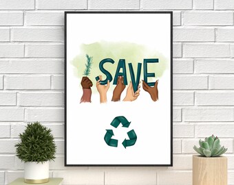 Earth Day, Recycle Wall Art, Printable, Home Decor, Instant Download, Digital Print,  Love Nature Art, Save the Planet, Reuse Reduce Recycle