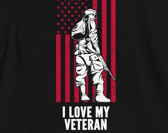 Veteran's Day T-Shirt Custom Patriotic T-Shirt Saluting Soldier in front of a Vertical Grunge American Flag
