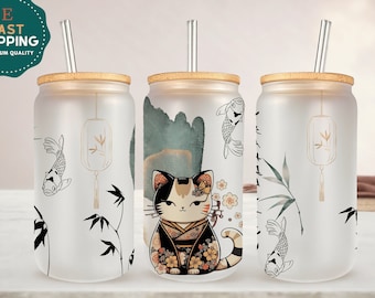 Kimono Cat Glass Tumbler, Japanese Cat Aesthetic Cup, Kawaii Kitty Iced Coffee Glass, Japanese Style Tumbler, Cute Cat Cup Gift