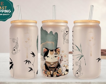 Japanese Cat Glass Cup for Women, Cute Cat Gifts For Women, Japanese Cat Frosted Can, Cat Lover Iced Coffee Can, Cat Frosted Glass Can