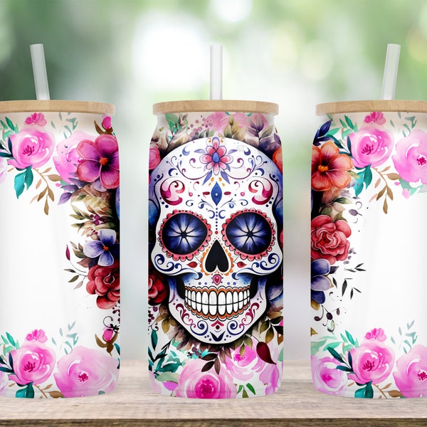 Sugar Skull Iced Coffee Cup, Skull Glass Frosted Tumbler, Sugar Skull Iced Coffee Cup,  Skull Flower Glass Tumbler, Skull Glass Tumbler Cup