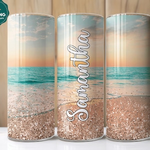Personalized Beach Tumbler With Straw, Summer Vacation Tumbler For Her, Personalized Beach Theme Tumbler Cup, Sunset Beach Tumbler With Name