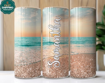 Personalized Beach Tumbler With Straw, Summer Vacation Tumbler For Her, Personalized Beach Theme Tumbler Cup, Sunset Beach Tumbler With Name