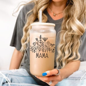 Floral Mama Iced Coffee Glass Cup with Lid & Straw