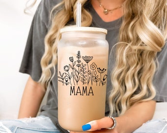 Floral Mama Iced Coffee Glass Cup with Lid & Straw