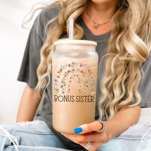 Bonus Sister Personalized Gift, Bonus Sister Gift, Bonus Sister Frosted Cups, Bonus Sister Rainbow Glass Cup, Bonus Sister Floral Glass Cup