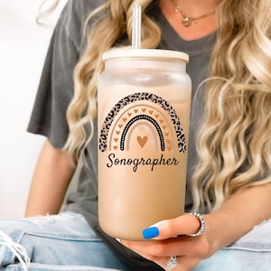 Personalized Sonographer Frosted Glass Tumbler: Rainbow Leopard Print