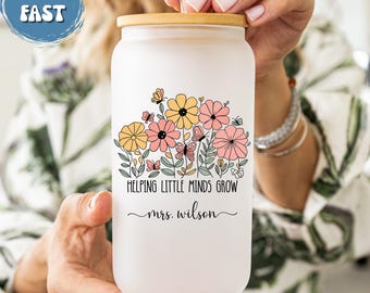 Personalized Teacher Appreciation Frosted Glass Tumbler: Helping Little Minds Grow