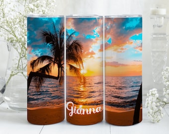Personalized Beach Sunset Tumbler: Custom Name, Tropical Palm Design