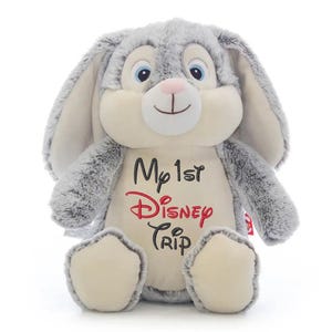 May include: A plush gray bunny rabbit with long ears, blue eyes, and a pink nose. The bunny has a cream-colored belly with the embroidered text "My 1st Disney Trip" in black and red script. A cute stuffed animal.
