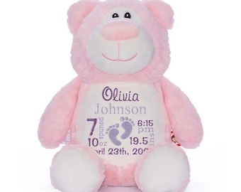 Personalized Birth Stat Stuffed Animals ~ Keepsake Gift ~ Baby Girl ~ Baby Boy ~ Pink
