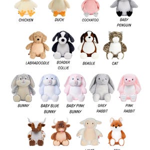 May include: A collection of plush animal toys, including a chicken, duck, cockatoo, baby penguin, labradoodle, border collie, beagle, cat, bunny, baby blue bunny, baby pink bunny, grey rabbit, pink rabbit, Texas longhorn, highland cow, lamb, and fox. Each toy has a unique design.