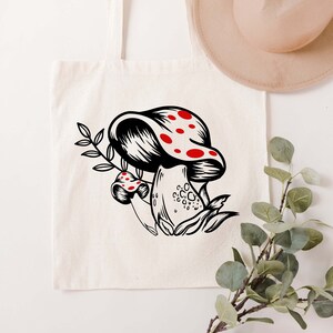 Mushrooms Canvas Tote Bag, Mushroom Plant Floral Tote Bag, Vintage Women Shoulder Bag,Aesthetic Cute Shopping Bag,Eco Friendly Grocery Bag image 1