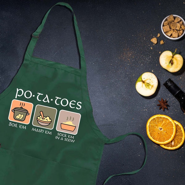 Taters Po-ta-toes Boil 'em Mash 'em Stick 'em In A Stew Funny Apron w/ Pockets| Mashed Potato Lover Cooking Baking Gifts Full-Length Apron
