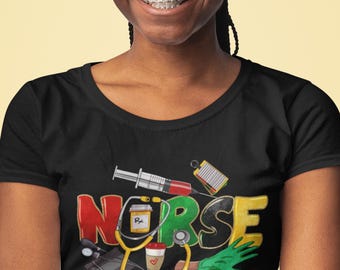 May include: Black t-shirt with a colorful graphic design featuring the word "NURSE" in red, green, and yellow, along with medical tools and the hashtag #Juneteenth.